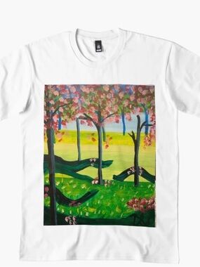 White Tee with Colorful Hand-Painted Landscape Print